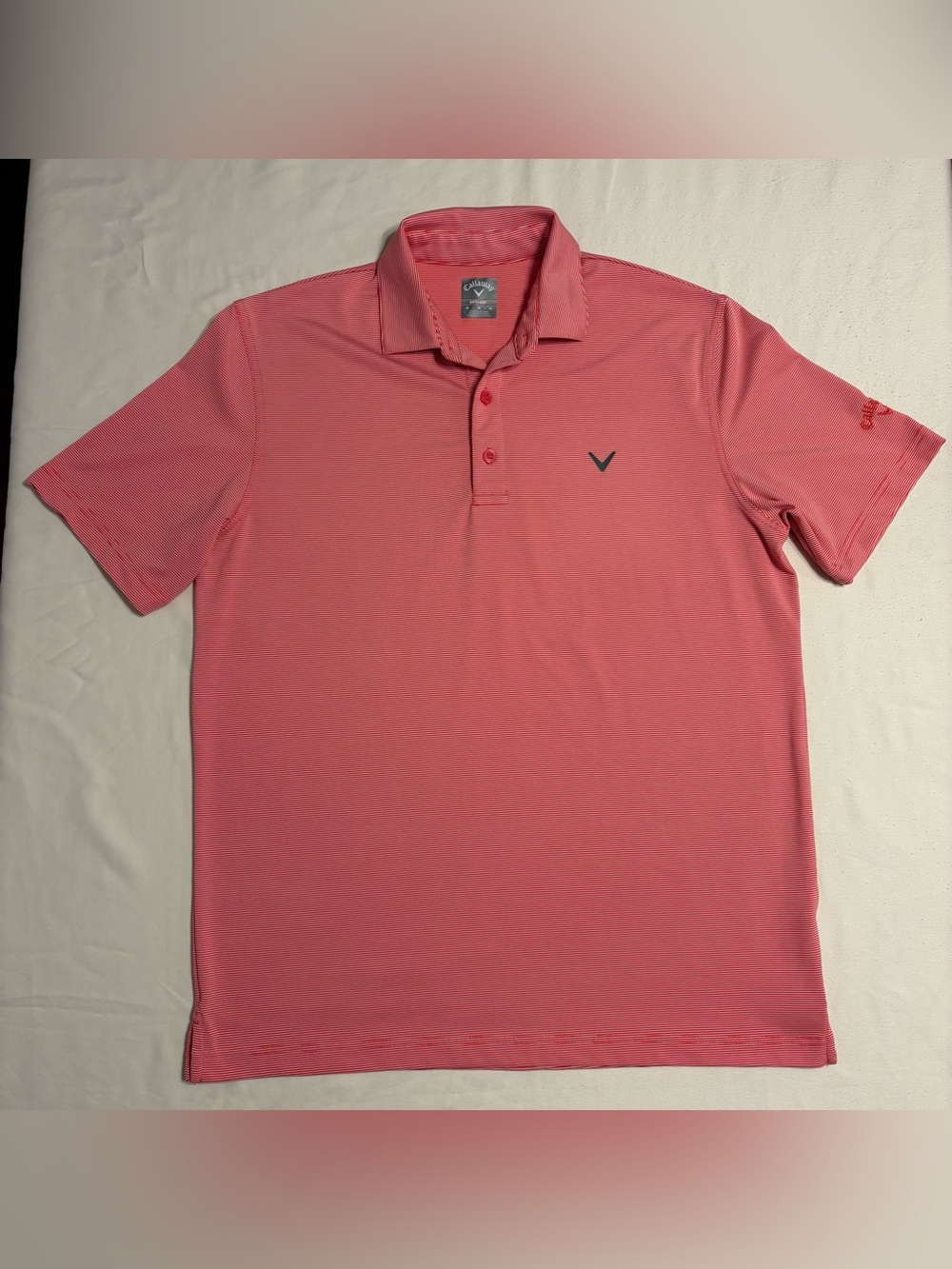 Callaway Opti-Dri Pink and White Striped Mens Golf Polo Shirt, 3 Button Placket